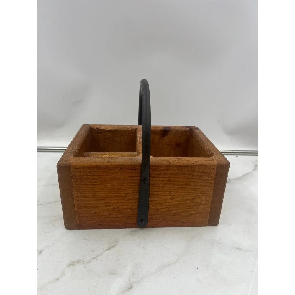 Vintage Rustic Wooden Caddy 3 Compartment Organizer with Metal Handle Farmhouse
